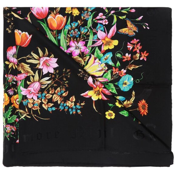 GUCCI SCARF SINE AMORE FLORAL BOUQUET FLORA BLACK SILK TWILL SQUARE 35" - Picture 3 of 12